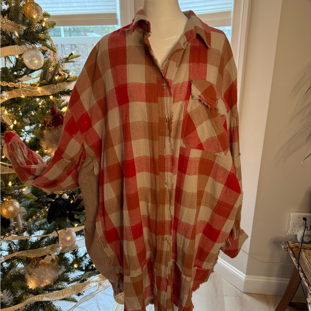 Easel Red and Tan Plaid Oversized Shirt